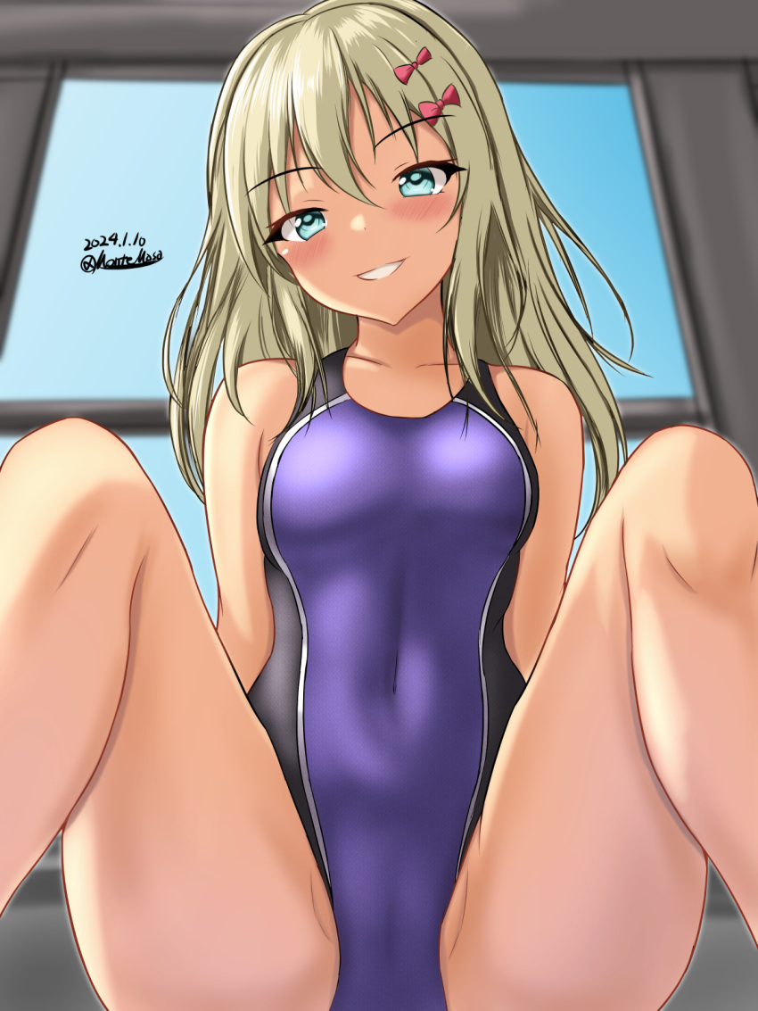 1girl black_one-piece_swimsuit blonde_hair blush bow competition_swimsuit covered_navel dated grecale_(kancolle) green_eyes highres impossible_clothes impossible_swimsuit kantai_collection long_hair looking_at_viewer montemasa one-hour_drawing_challenge one-piece_swimsuit purple_one-piece_swimsuit rei_no_pool smile solo swimsuit twitter_username two-tone_swimsuit wet wet_clothes wet_swimsuit