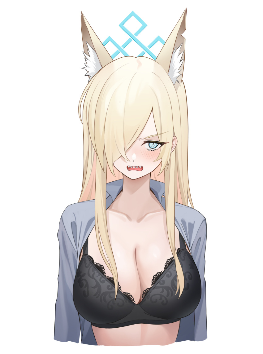 1girl absurdres black_bra blonde_hair blue_archive blue_eyes blush bra breasts cleavage collarbone grey_shirt guntree hair_over_one_eye highres kanna_(blue_archive) large_breasts long_hair long_sleeves looking_at_viewer open_clothes open_mouth open_shirt sharp_teeth shirt simple_background solo teeth underwear upper_body white_background