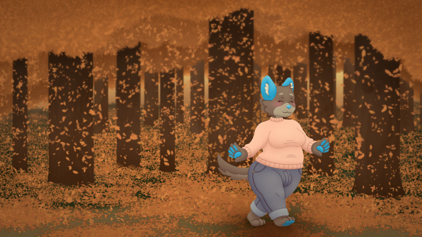 absurd_res anthro autumn blush bulge canid canine canis clothed clothing detailed_background digital_media_(artwork) falling_leaves forest gynomorph hi_res intersex jack_(psychoticwalrus) leaf mammal outside plant psychoticwalrus short_stack smile solo tree wolf