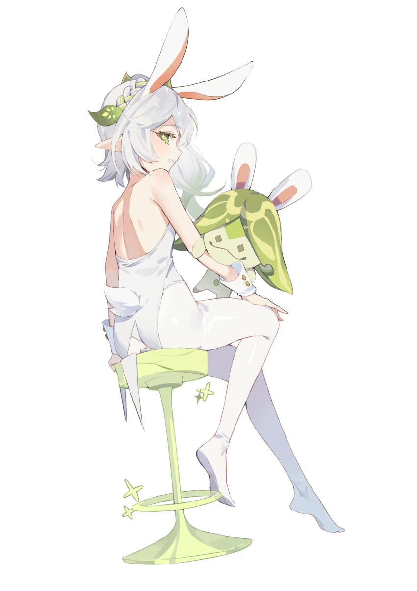 1girl absurdres alternate_costume animal_ears aranara_(genshin_impact) bar_stool cross-shaped_pupils fake_animal_ears from_side full_body genshin_impact gradient_hair green_eyes green_hair hair_ornament highres leaf leotard long_hair looking_at_viewer multicolored_hair nahida_(genshin_impact) pantyhose parted_lips pointy_ears rabbit_ears seizou_hidzuke side_ponytail simple_background sitting stool symbol-shaped_pupils white_background white_hair white_leotard white_pantyhose white_wrist_cuffs wrist_cuffs