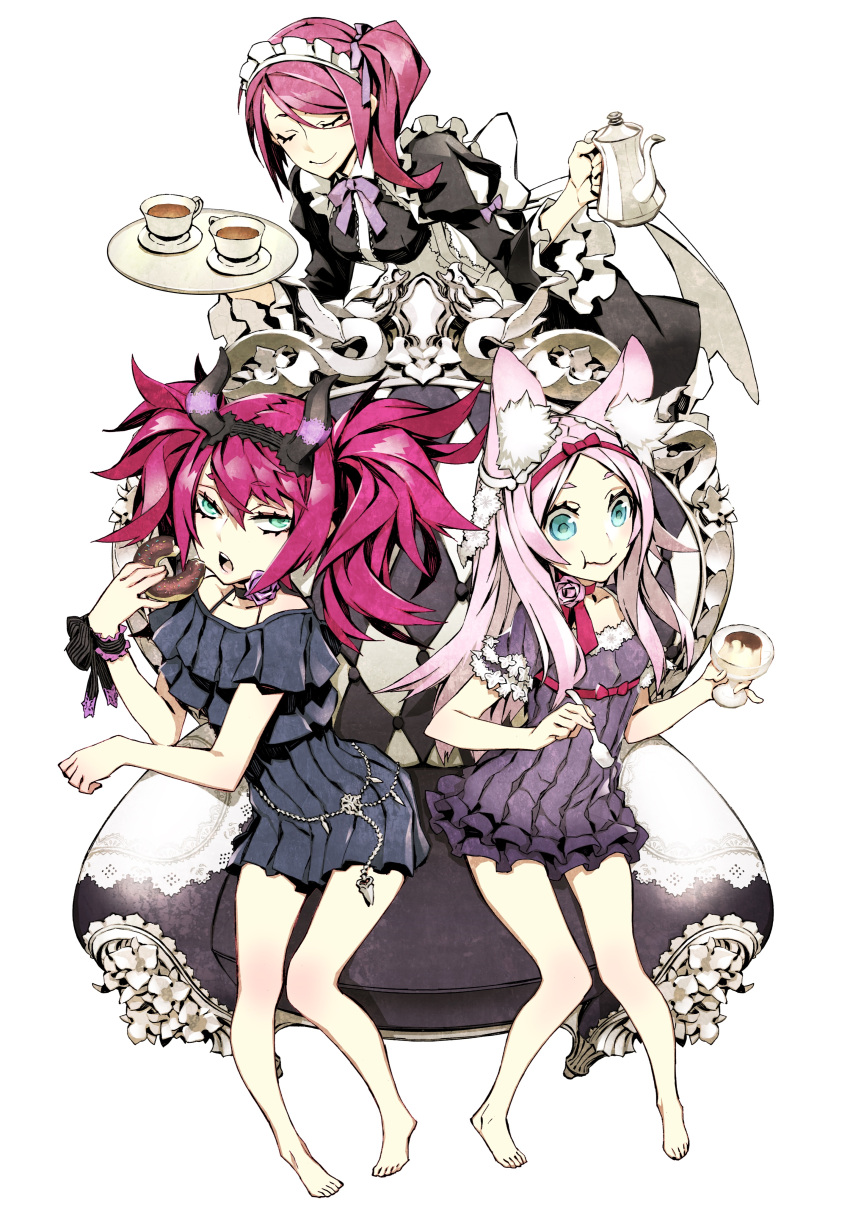 3girls 7th_dragon_(series) 7th_dragon_iii :t absurdres alternate_costume animal_ears barefoot black_dress blue_eyes bow bowing choker closed_eyes closed_mouth cup doughnut dress eating fake_horns flower_choker food fortuner_(7th_dragon) fox_ears full_body god-hand_(7th_dragon) green_eyes high_ponytail highres holding holding_food holding_spoon holding_teapot holding_tray horns long_hair mage_(7th_dragon_iii) maid maid_headdress miwa_shirow multiple_girls on_chair open_mouth pink_hair pudding purple_hair saucer simple_background sitting smile spoon teacup teapot thighs tray twintails white_background white_bow