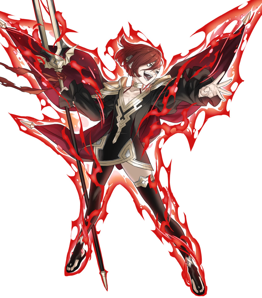 1boy animal_ears attack bat_boy bat_ears bat_wings black_cape black_leggings black_wings breasts cape elm_(fire_emblem) fire_emblem fire_emblem_heroes hair_over_one_eye highres leggings medium_breasts menacing non-web_source official_art open_mouth otoko_no_ko pale_skin red_aura red_car red_eyes red_hair single_leg_pantyhose single_thighhigh solo thighhighs wings