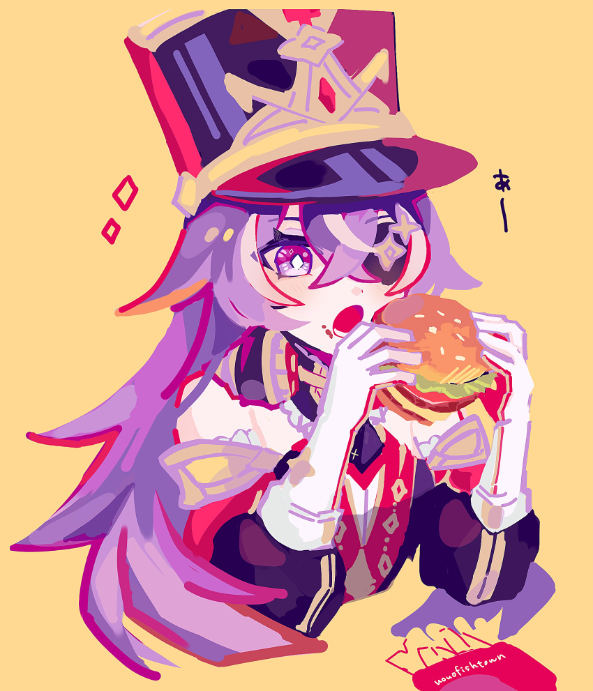 1girl absurdres artist_name bare_shoulders burger chevreuse_(genshin_impact) cropped_torso detached_sleeves earmuffs earmuffs_around_neck eating eyepatch food food_on_face french_fries genshin_impact gloves hat highres holding holding_food long_hair multicolored_hair puffy_sleeves purple_eyes purple_hair shako_cap streaked_hair two-tone_hair uouofishtown very_long_hair white_gloves white_hair