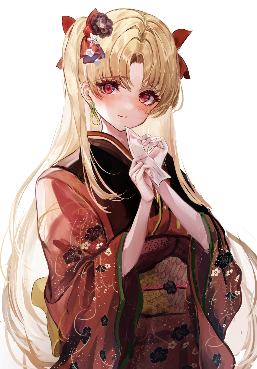 1girl absurdres alternate_costume black_flower blush chiachun0621 closed_mouth earrings ereshkigal_(fate) fate/grand_order fate_(series) flower hair_flower hair_ornament hair_ribbon highres holding holding_paper japanese_clothes jewelry kimono long_hair looking_at_viewer obi paper parted_bangs red_eyes red_kimono red_ribbon ribbon sash simple_background smile solo two_side_up very_long_hair white_background wide_sleeves yukata