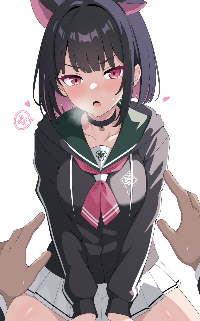 1girl 1other absurdres anger_vein animal_ears black_choker black_hair black_hoodie blue_archive blue_eyes breasts cat_ears choker colored_inner_hair green_sailor_collar heart highres hood hoodie kazusa_(blue_archive) long_sleeves looking_at_viewer medium_breasts multicolored_hair open_mouth pink_hair sailor_collar shiguren_39 short_hair simple_background spoken_anger_vein white_background