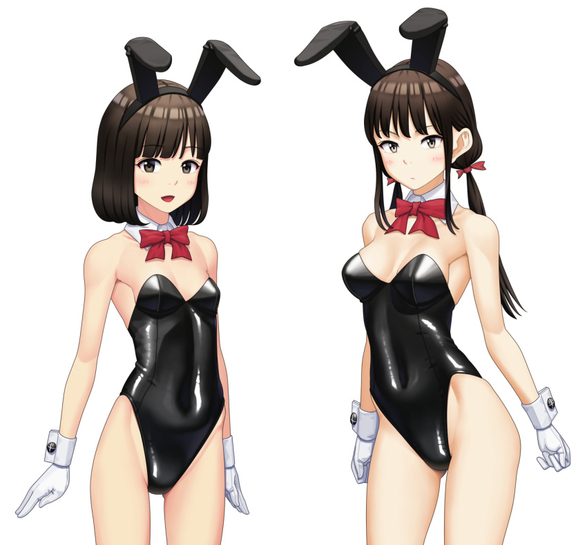 2girls animal_ears bare_legs black_eyes black_hair black_leotard blunt_bangs blunt_ends bob_cut bow bowtie breasts closed_mouth collar commentary covered_navel detached_collar fake_animal_ears gloves highleg highleg_leotard highres leotard light_frown long_hair looking_at_viewer low_twintails maburu_(lojyq1eur3e8bit) medium_breasts multiple_girls open_mouth original playboy_bunny rabbit_ears red_bow red_bowtie short_hair sidelocks simple_background small_breasts smile standing strapless strapless_leotard twintails white_background white_collar white_gloves wing_collar wrist_cuffs