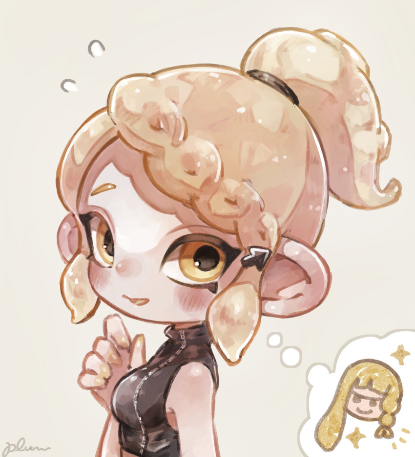 1girl agent_8_(splatoon) bare_shoulders blonde_hair blush braid breasts colored_tongue crop_top flying_sweatdrops hand_up highres inkling inkling_girl medium_breasts octarian octoling octoling_girl open_mouth plum0o0 ponytail short_hair sleeveless smile sparkle splatoon_(series) splatoon_2 splatoon_2:_octo_expansion splatoon_3 squidbeak_splatoon tentacle_hair thought_bubble upper_body yellow_eyes yellow_tongue