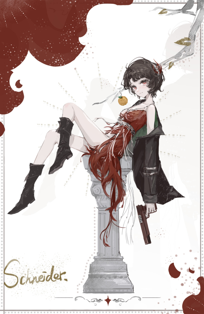 1girl black_coat black_footwear black_hair boots border branch breasts character_name coat column curly_hair dress feather_dress feather_hair_ornament feathers food from_side fruit full_body godenanchor gun hair_ornament handgun highres holding holding_gun holding_weapon knee_boots knee_up looking_at_viewer looking_to_the_side orange_(fruit) pillar red_background red_eyes red_feathers reverse:1999 schneider_(reverse:1999) short_dress short_hair single_bare_shoulder single_off_shoulder sitting small_breasts solo strapless strapless_dress trigger_discipline two-tone_background weapon white_background