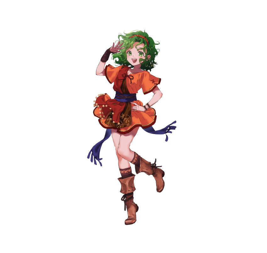 1girl absurdres blue_sash boots bracelet brown_footwear commentary_request dress fire_emblem fire_emblem:_thracia_776 fire_emblem_heroes full_body green_eyes green_hair highres jewelry looking_at_viewer mayo_(becky2006) medium_hair official_art open_mouth red_dress sash smile solo tachi-e tina_(fire_emblem)