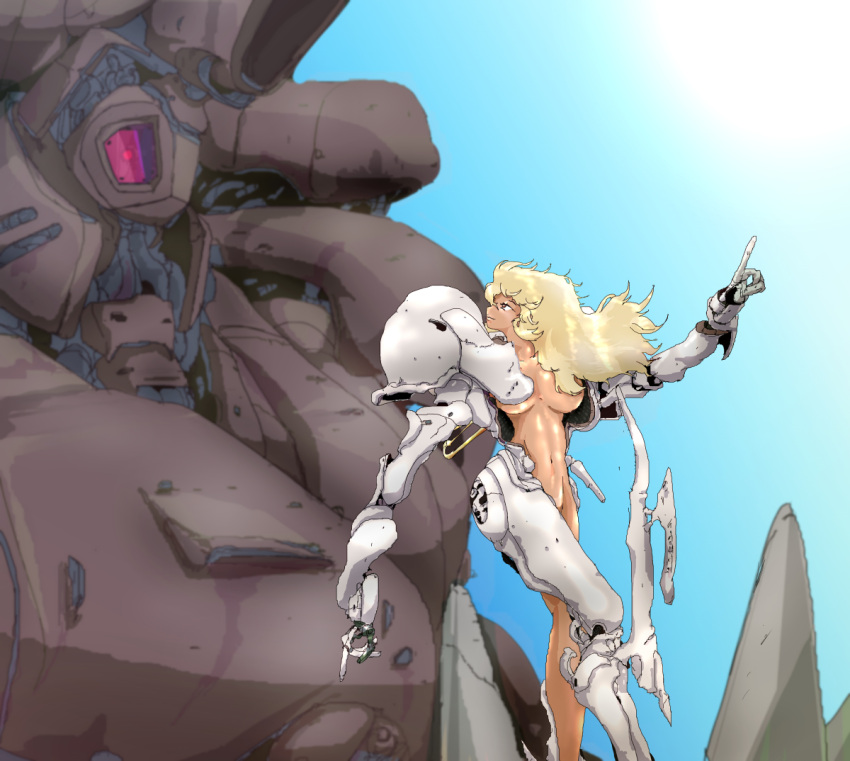 1980s_(style) 1girl abs battle_damage blonde_hair blue_sky breasts cyberpunk dragon's_heaven ikuuru looking_back machinery mecha moebius_(style) nude official_style partially_undressed pointing pointing_up power_armor power_suit raia_(raia_morgue) retro_artstyle robot science_fiction shaian_(robot) sketch sky sun sunlight toned undressing upper_body