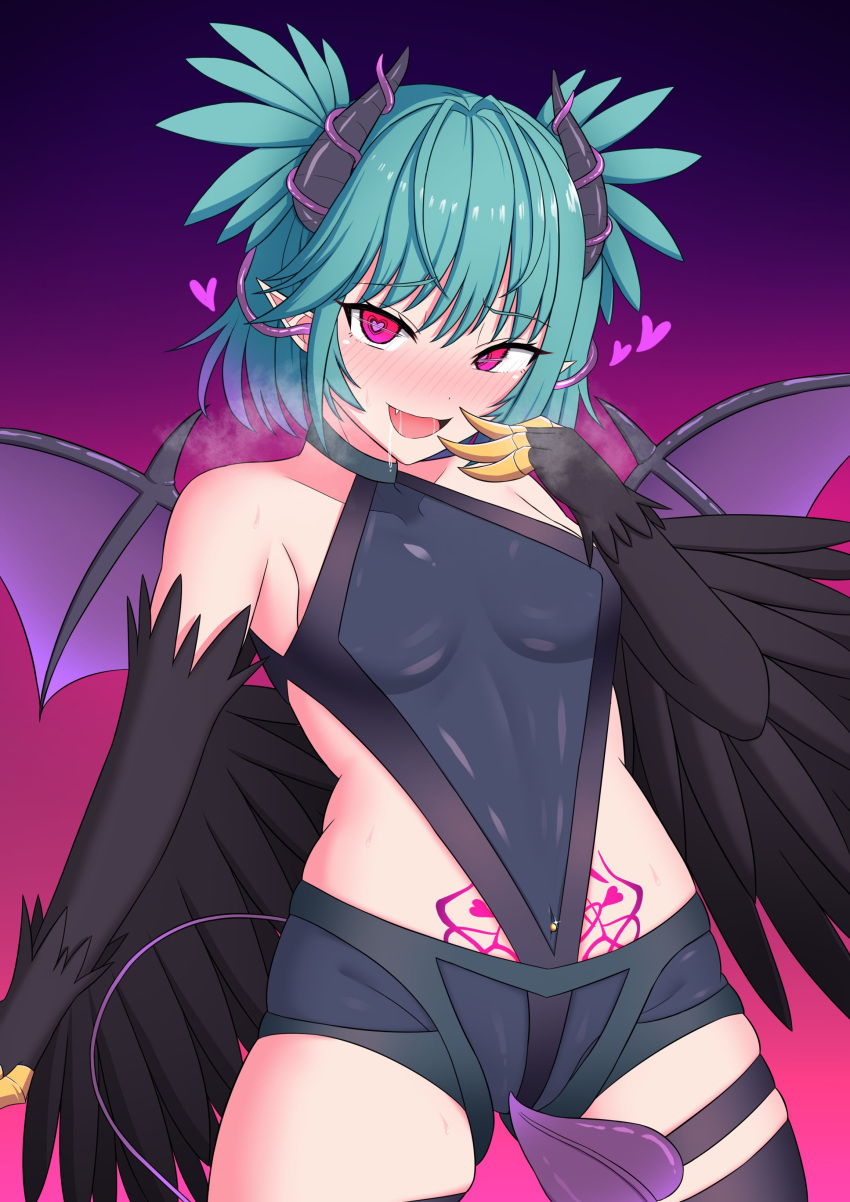 1girl absurdres bare_shoulders bat_wings black_feathers black_wings blush breasts claws commentary_request covered_navel drooling eploov feathered_wings feathers gradient_background harpy heart heart-shaped_pupils heart_tattoo highres horns indie_virtual_youtuber lincoro monster_girl navel_piercing open_mouth piercing pink_background pointy_ears purple_background red_eyes short_hair short_twintails shorts small_breasts solo stomach_tattoo symbol-shaped_pupils tail tattoo tentacle_in_ear twintails virtual_youtuber winged_arms wings