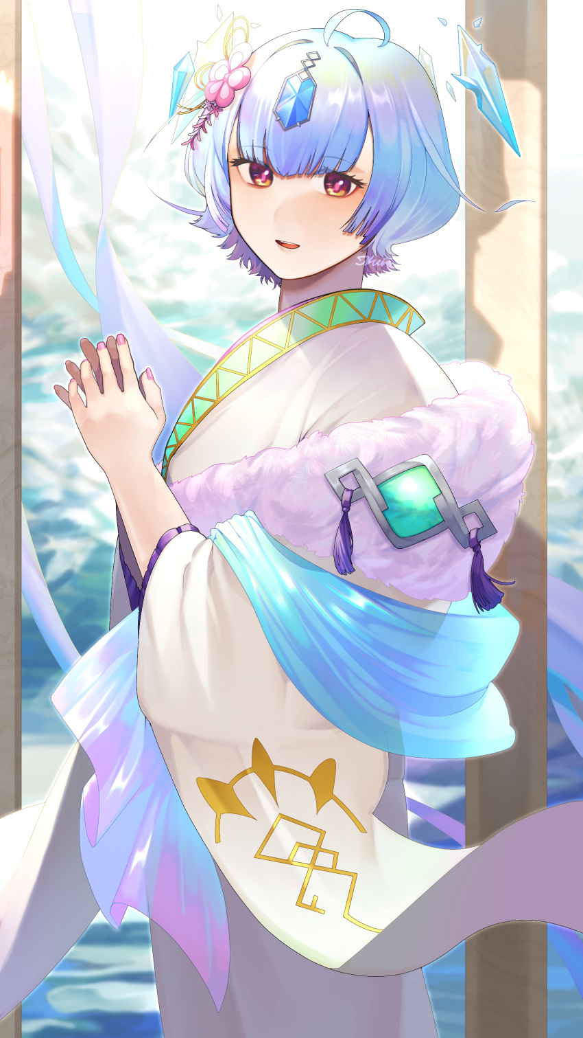 1girl absurdres ahoge blue_hair commentary_request fingernails fire_emblem fire_emblem_heroes forehead_jewel gradient_hair hair_ornament highres ikura_(downdexp) japanese_clothes kimono multicolored_hair official_alternate_costume pink_nails purple_eyes purple_hair seidr_(fire_emblem) seidr_(new_year)_(fire_emblem) short_hair solo white_kimono wide_sleeves