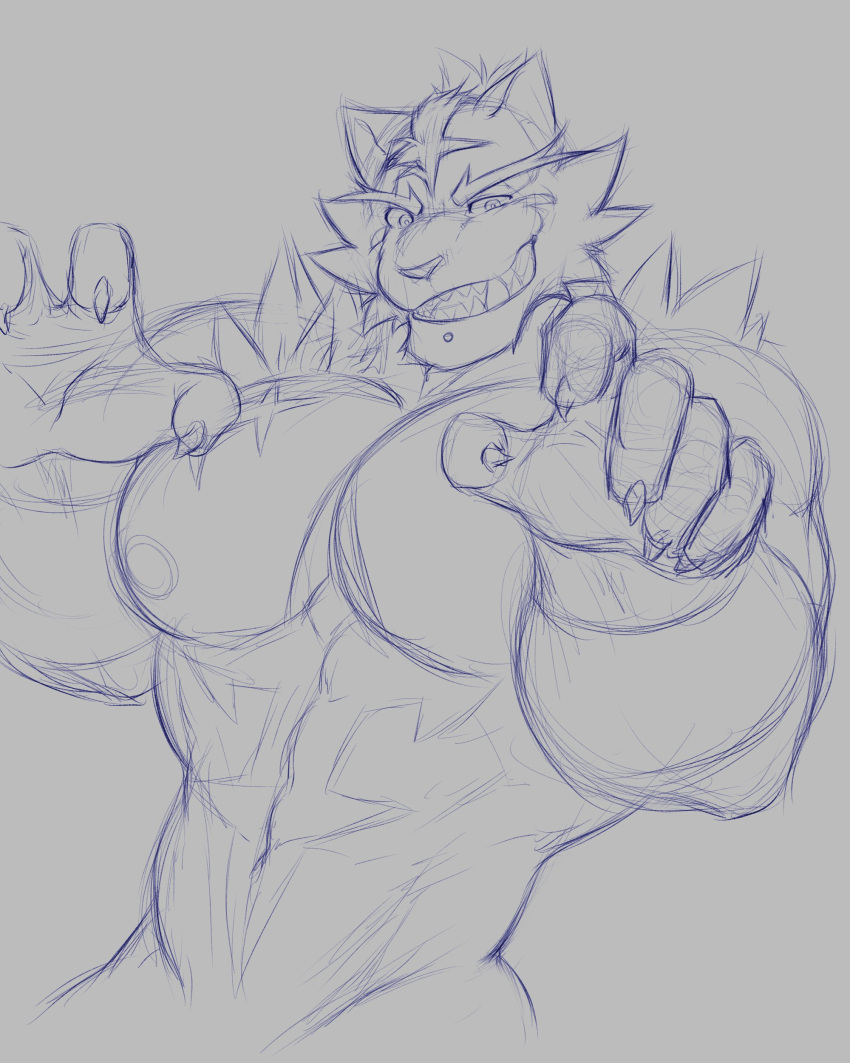 2019 abs absurd_res anthro arms_in_front biceps cheek_tuft claws facial_tuft generation_7_pokemon grey_background hi_res incineroar looking_at_viewer maiofu male monochrome muscular muscular_anthro muscular_arms muscular_male nintendo pecs pokemon pokemon_(species) scar simple_background sketch smile solo tuft