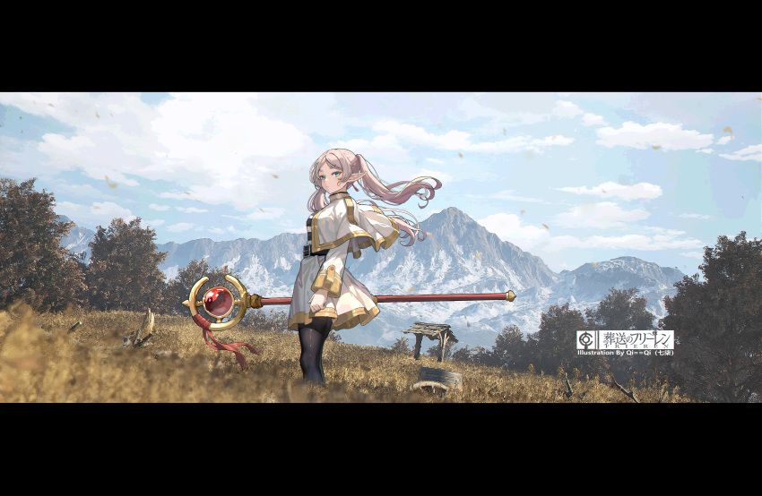 1girl absurdres artist_logo black_pantyhose blue_sky capelet cloud cloudy_sky day elf feet_out_of_frame field frieren gold_trim green_eyes highres holding holding_staff letterboxed long_hair long_sleeves looking_at_viewer mage_staff mountain mountainous_horizon outdoors pantyhose parted_bangs pointy_ears qi==qi scenery sky solo sousou_no_frieren staff standing twintails watermark white_capelet white_hair wide_shot