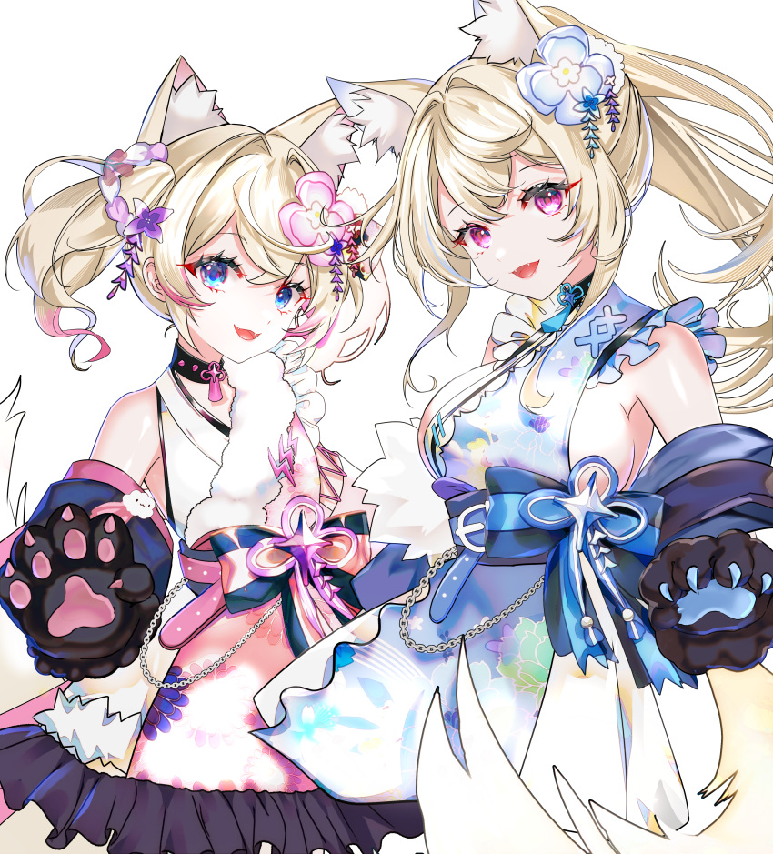 2girls absurdres animal_ear_fluff animal_ears animal_hands asymmetrical_clothes bare_shoulders belt black_collar blue_belt blue_bow blue_eyes blue_hair blue_kimono bow breasts collar commentary detached_sleeves dog_ears dog_girl dog_tail fangs floral_print_kimono fuwawa_abyssgard fuwawa_abyssgard_(new_year) gloves hair_between_eyes highres hololive hololive_english japanese_clothes kimono large_breasts looking_at_viewer mococo_abyssgard mococo_abyssgard_(new_year) multicolored_hair multiple_girls obi obijime official_alternate_costume official_alternate_hairstyle open_mouth paw_gloves pink_belt pink_eyes pink_hair pink_kimono ponytail puffy_sleeves sash siblings sideless_kimono sisters sleeveless smile sowon streaked_hair symbol-only_commentary tail transparent_background twins twintails upper_body virtual_youtuber waist_bow