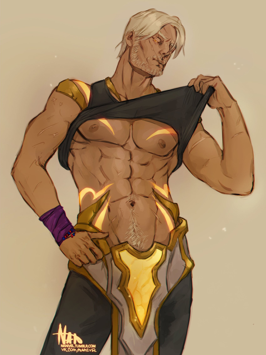 1boy abs ammatice bara bare_pectorals beard_stubble body_markings colored_sclera cowboy_shot dark-skinned_male dark_skin from_below glowing_markings head_tilt highres lifted_by_self male_focus mature_male navel navel_hair nipples original pectorals pelvic_curtain short_hair solo stomach thick_eyebrows toned toned_male yellow_sclera