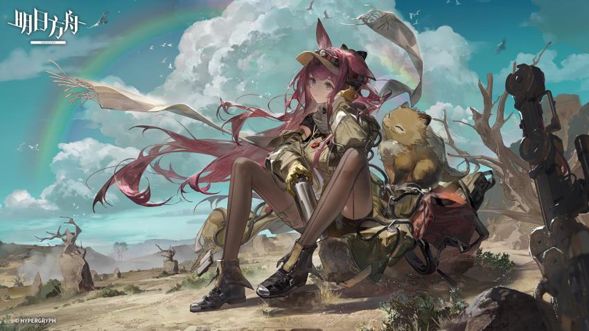 1girl animal animal_ears arknights bird black_footwear black_pantyhose black_shorts blue_sky boots bottle brown_shirt cloud cloudy_sky copyright_name crossbow desert gloves grey_scarf hand_on_own_cheek hand_on_own_face head_rest highres holding holding_bottle long_hair long_sleeves official_art official_wallpaper outdoors pantyhose pantyhose_under_shorts pink_hair purple_eyes rabbit_ears rabbit_girl rainbow ray_(arknights) rock ruoganzhao scarf shirt shorts sitting sky solo very_long_hair water_bottle weapon wind yellow_gloves
