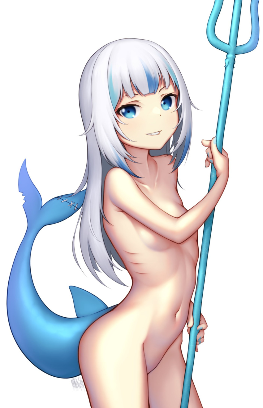 1girl blue_eyes blue_hair blue_nails completely_nude fish_tail gawr_gura gills highres holding holding_weapon hololive hololive_english multicolored_hair navel nitrus nude polearm shark_girl shark_tail solo tail trident two-tone_hair virtual_youtuber weapon white_background white_hair