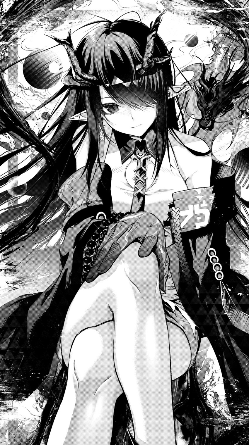 1girl arknights bare_shoulders bead_necklace beads colored_skin commentary crossed_arms dragon dragon_girl dragon_horns dress dusk_(arknights) earrings greyscale hair_over_one_eye highres horns jewelry long_hair looking_at_viewer monochrome necklace necktie off_shoulder pointy_ears screentones senju_yosiyuki sidelocks sleeveless sleeveless_dress solo symbol-only_commentary tassel tassel_earrings