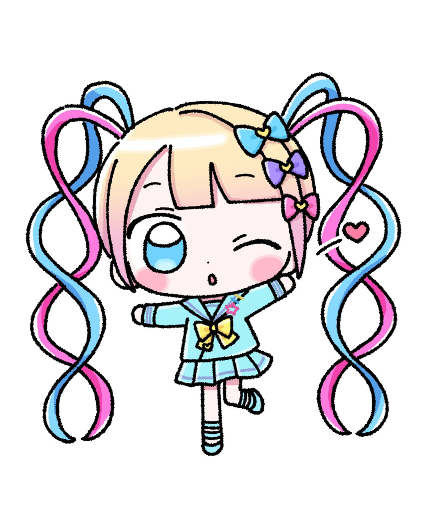 1girl 1nupool blonde_hair blue_bow blue_eyes blue_footwear blue_hair blue_serafuku blue_shirt blue_skirt blunt_bangs bow chibi chouzetsusaikawa_tenshi-chan commentary full_body hair_bow hands_up heart highres long_hair long_sleeves looking_at_viewer multicolored_hair multiple_hair_bows needy_girl_overdose official_art one_eye_closed open_mouth pink_bow pink_hair pleated_skirt purple_bow quad_tails school_uniform second-party_source serafuku shirt shoes simple_background skirt solo standing standing_on_one_leg symbol-only_commentary very_long_hair white_background yellow_bow