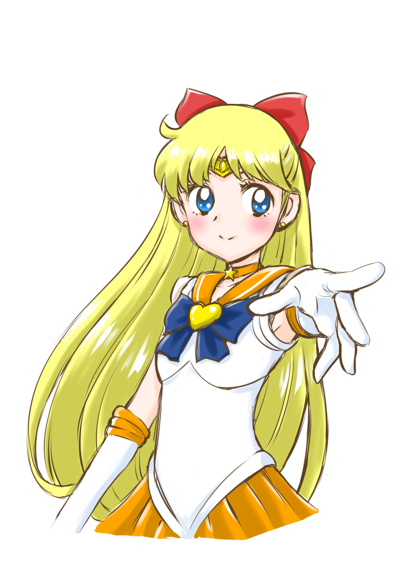 1girl absurdres aino_minako bishoujo_senshi_sailor_moon blonde_hair blue_bow blue_bowtie blue_eyes blush bow bowtie brooch choker commentary earrings elbow_gloves gloves hair_bow heart heart_brooch highres jewelry kondou_rururu long_hair looking_to_the_side magical_girl orange_choker orange_sailor_collar orange_skirt pleated_skirt reaching reaching_towards_viewer red_bow sailor_collar sailor_senshi sailor_senshi_uniform sailor_venus simple_background skirt solo star_(symbol) star_choker tiara upper_body white_background white_gloves