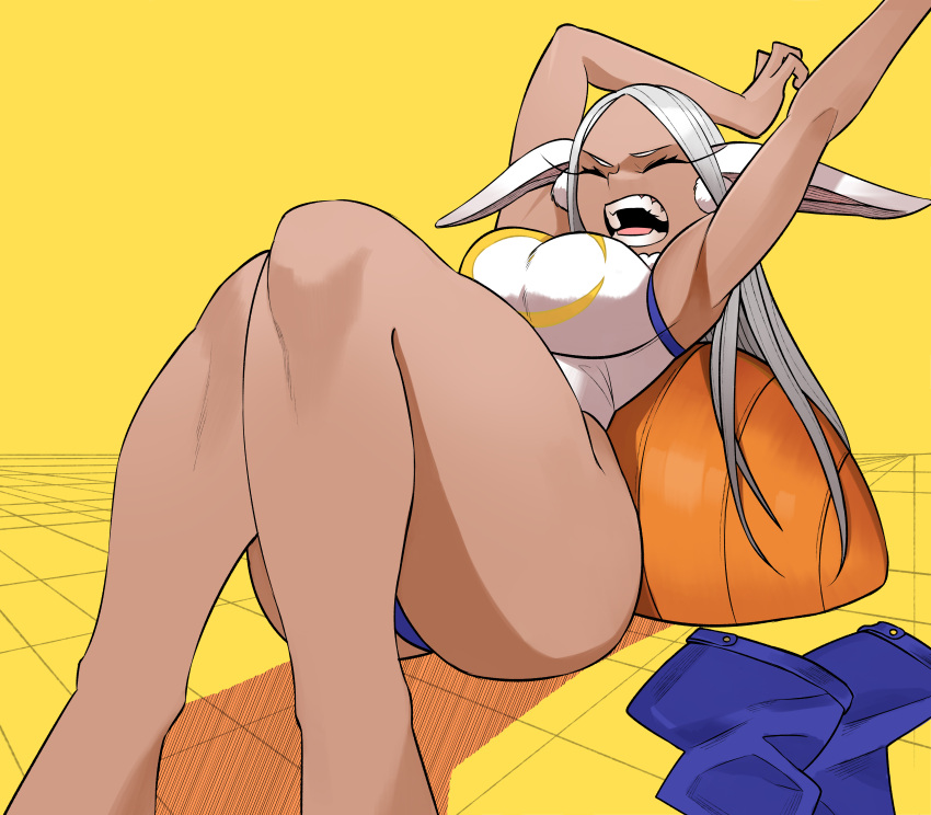 1girl absurdres animal_ears armpits arms_up bare_arms boku_no_hero_academia closed_eyes dark-skinned_female dark_skin highres knees_together_feet_apart koyap legs leotard long_hair mirko on_floor open_mouth rabbit_ears simple_background solo stretching teeth white_hair yawning yellow_background
