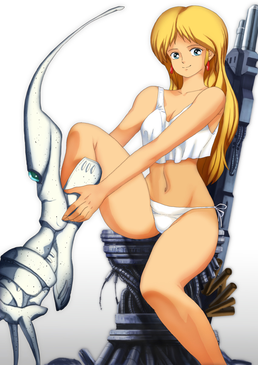 1980s_(style) 1girl blonde_hair blue_eyes boots chair commentary_request cyberpunk dragon's_heaven dressing earrings highres ikuuru jewelry long_hair looking_at_viewer machinery mecha moebius_(style) oggy power_armor power_suit retro_artstyle robot science_fiction sitting smirk solo underwear wreckage