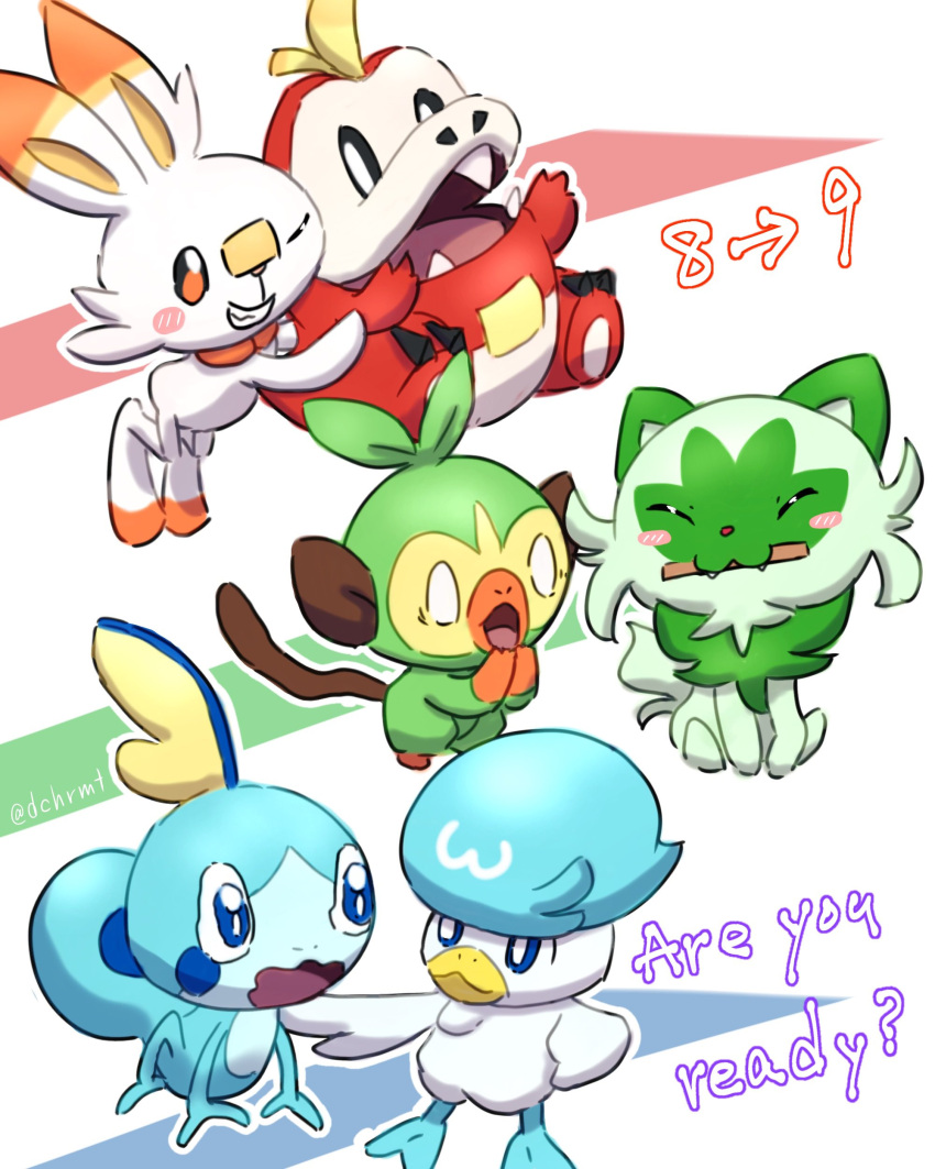 absurdres animal_focus bird black_eyes blank_eyes blue_eyes blush cat closed_eyes commentary crocodilian duck english_text fangs fuecoco green_fur grookey highres monkey no_humans one_eye_closed open_mouth pokemon pokemon_(creature) quaxly rabbit scorbunny simple_background sitting smile sobble sprigatito starter_pokemon_trio surprised tail teeth twitter_username white_background white_fur yu_(pocketsun636)