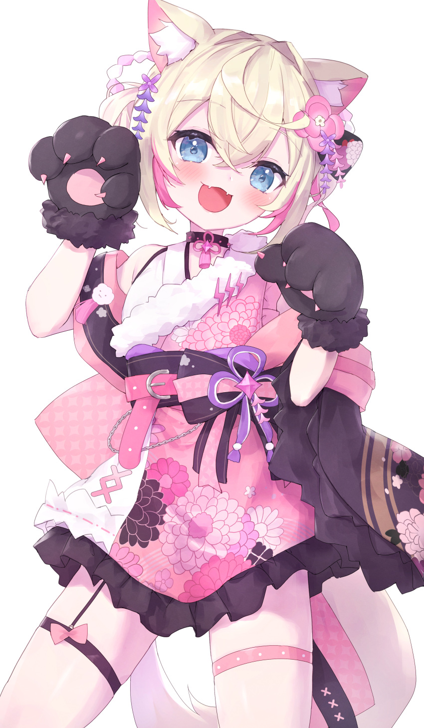 1girl :d absurdres animal_ear_fluff animal_ears animal_hands black_gloves blonde_hair blue_eyes commentary dog_ears dog_girl dog_tail fangs frilled_kimono frills fur-trimmed_gloves fur_trim gloves hair_between_eyes hair_intakes hands_up highres hololive hololive_english japanese_clothes kimono masaki_(msk064) mococo_abyssgard multicolored_hair paw_gloves pink_hair pink_kimono simple_background smile solo streaked_hair tail virtual_youtuber white_background