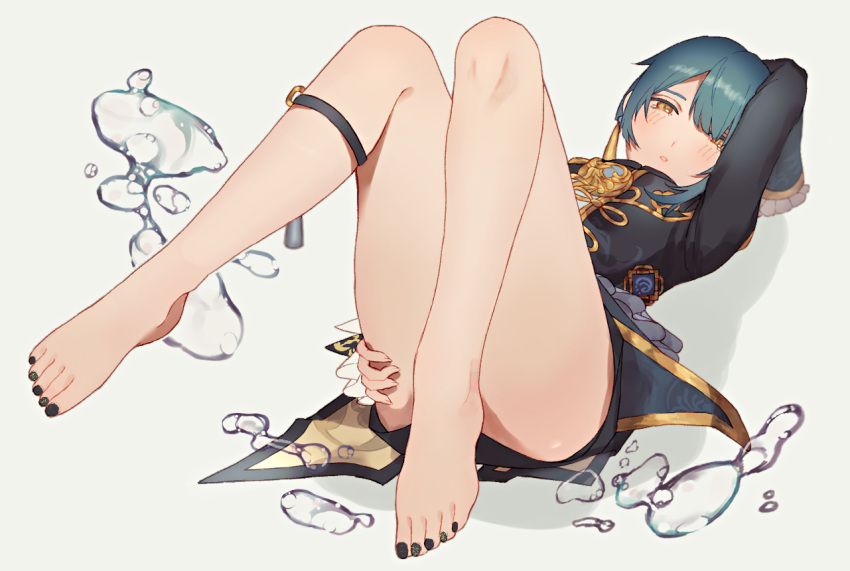 1boy arm_up barefoot bishounen black_coat black_nails black_shorts blue_hair blush brown_eyes chinese_clothes coat convenient_leg earrings feet frilled_sleeves frills full_body genshin_impact gold_trim grey_background hair_over_one_eye hand_on_own_thigh jewelry knees_together_feet_apart knees_up long_sleeves looking_at_viewer lying male_focus nail_polish on_back parted_bangs r38rr shadow short_shorts shorts simple_background solo tassel tassel_earrings toenail_polish toenails toes xingqiu_(genshin_impact)