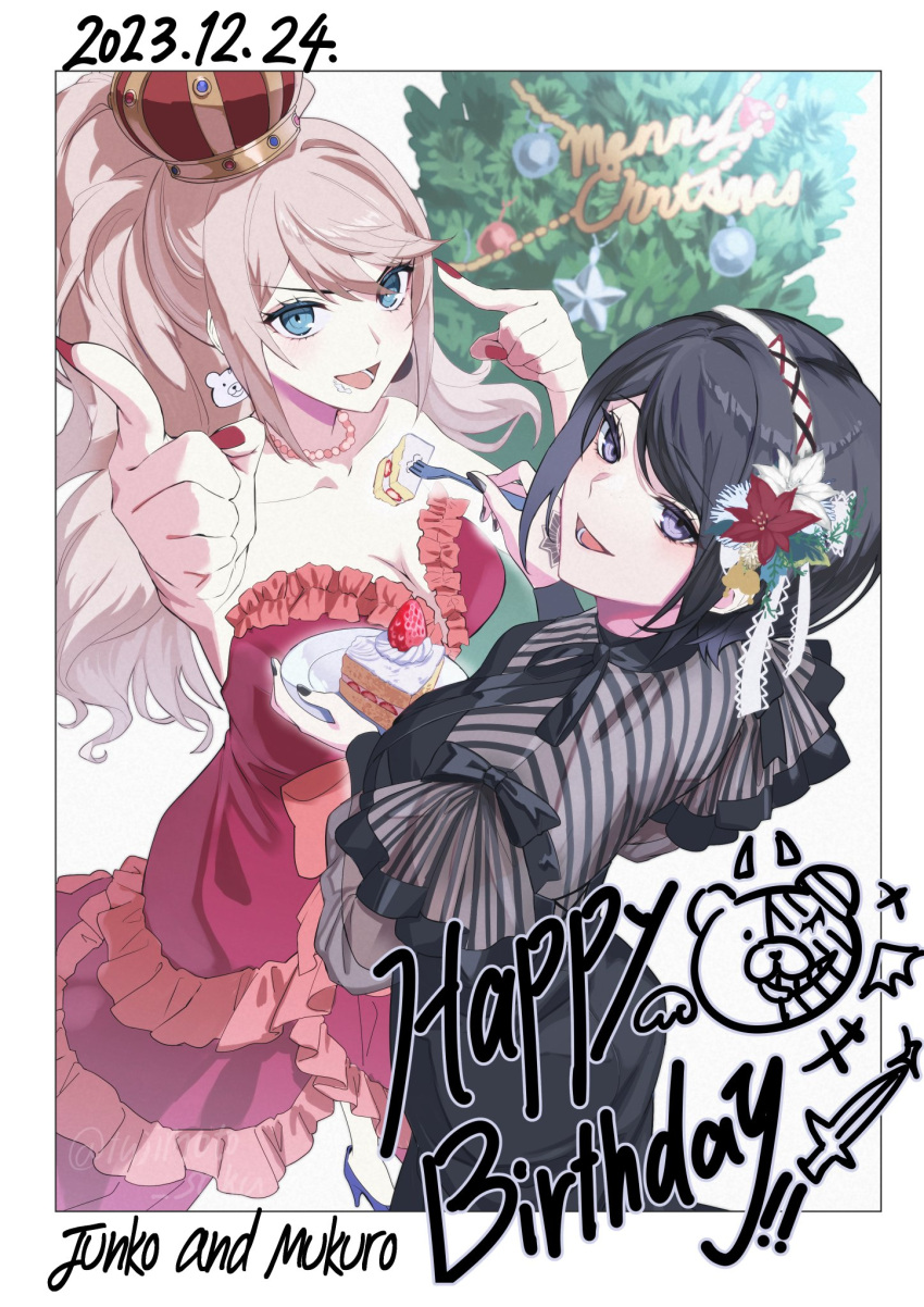 2girls alternate_costume alternate_hairstyle black_dress black_hair blonde_hair blue_eyes breasts cake cake_slice character_name cleavage commentary crown danganronpa:_trigger_happy_havoc danganronpa_(series) dated dress enoshima_junko fingernails food grey_eyes hairband happy_birthday highres holding holding_plate ikusaba_mukuro index_finger_raised kusatakesi large_breasts long_hair looking_at_viewer merry_christmas mixed-language_commentary multiple_girls open_mouth plate ponytail red_dress red_nails short_hair siblings sisters smile strapless strapless_dress twins very_long_hair white_hairband