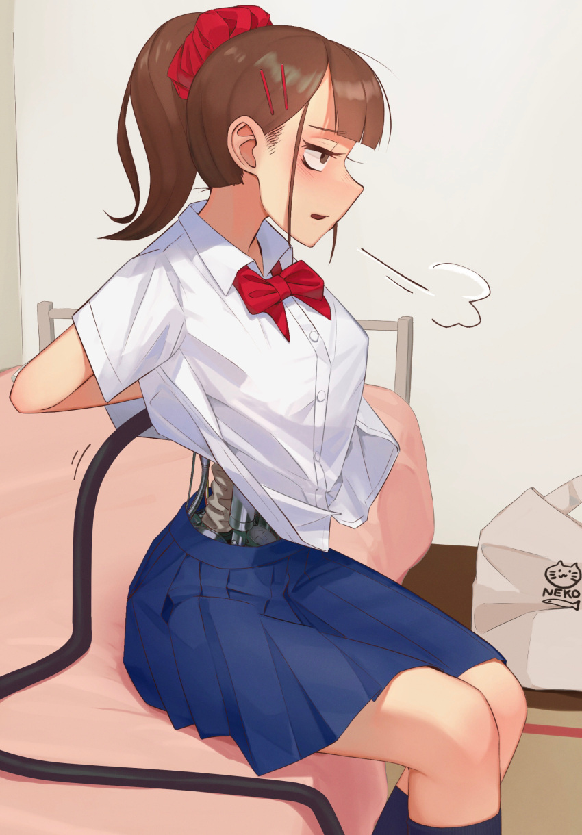 1girl =3 absurdres android bag bangs blue_skirt bow bowtie brown_eyes brown_hair collared_shirt feet_out_of_frame highres indoors kneehighs maker mecha-jk mechanical_parts on_bed original ponytail recharging red_bow red_bowtie school_uniform shirt shopping_bag short_sleeves sitting skirt socks solo white_shirt