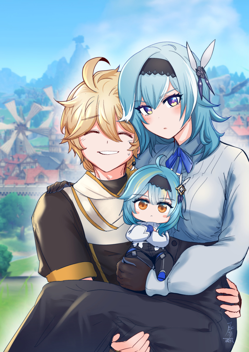 1boy 2girls aepuru_arts aether_(genshin_impact) blonde_hair blue_eyes blue_hair blush blush_stickers carrying chibi eula_(genshin_impact) father_and_daughter genshin_impact hair_ribbon hand_on_another's_shoulder highres mother_and_daughter multiple_girls princess_carry ribbon yellow_eyes