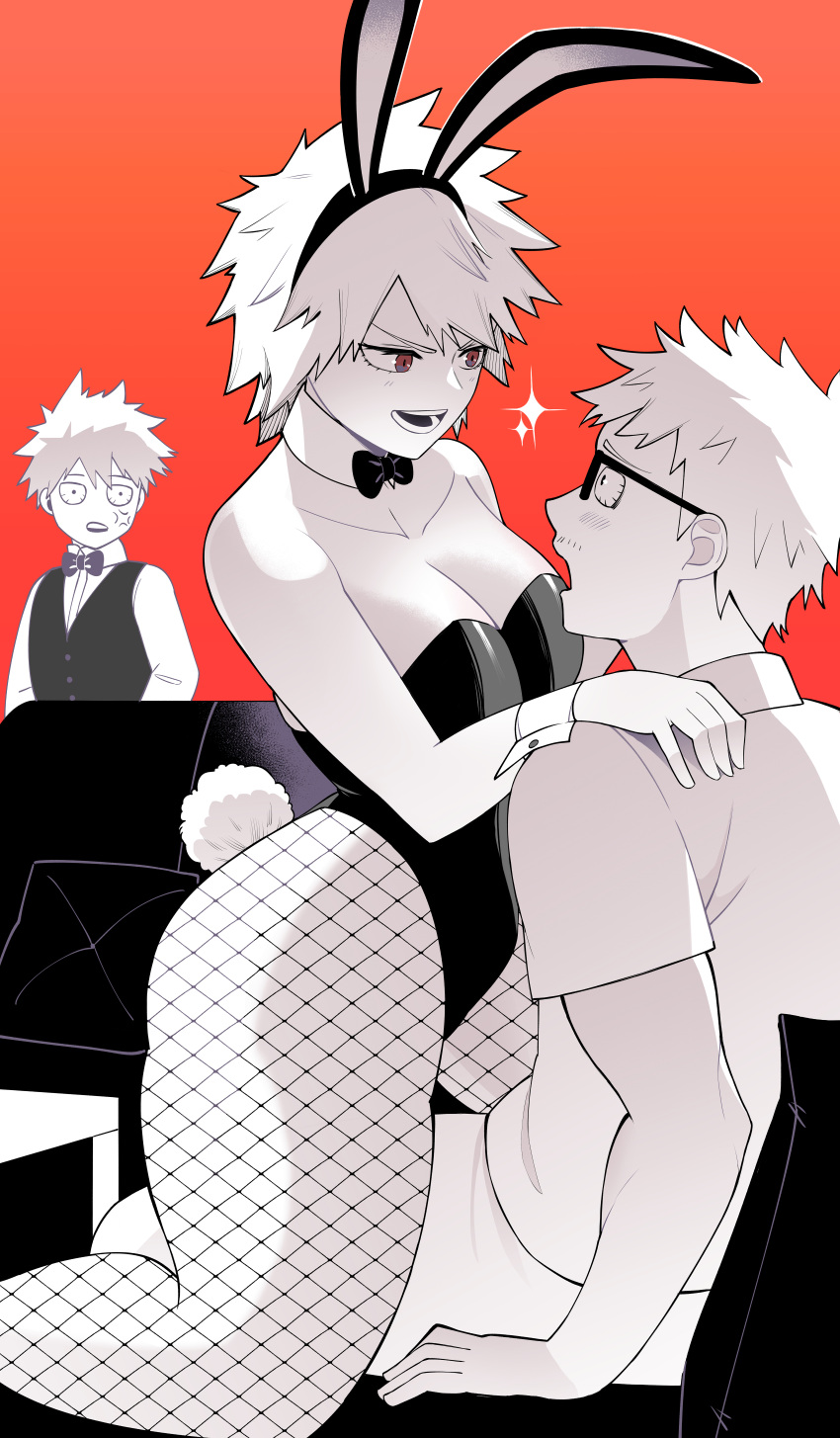 absurdres animal_ears bakugou_katsuki bakugou_masaru bakugou_mitsuki bare_arms bare_shoulders black_bow black_leotard blush boku_no_hero_academia bow bowtie breasts cleavage collarbone couch detached_collar fishnet_pantyhose fishnets girl_on_top glasses hand_on_another's_shoulder highleg highleg_leotard highres koyap leotard looking_at_another on_couch open_mouth pantyhose playboy_bunny rabbit_ears rabbit_tail red_background red_eyes short_hair strapless strapless_leotard tail teeth wrist_cuffs