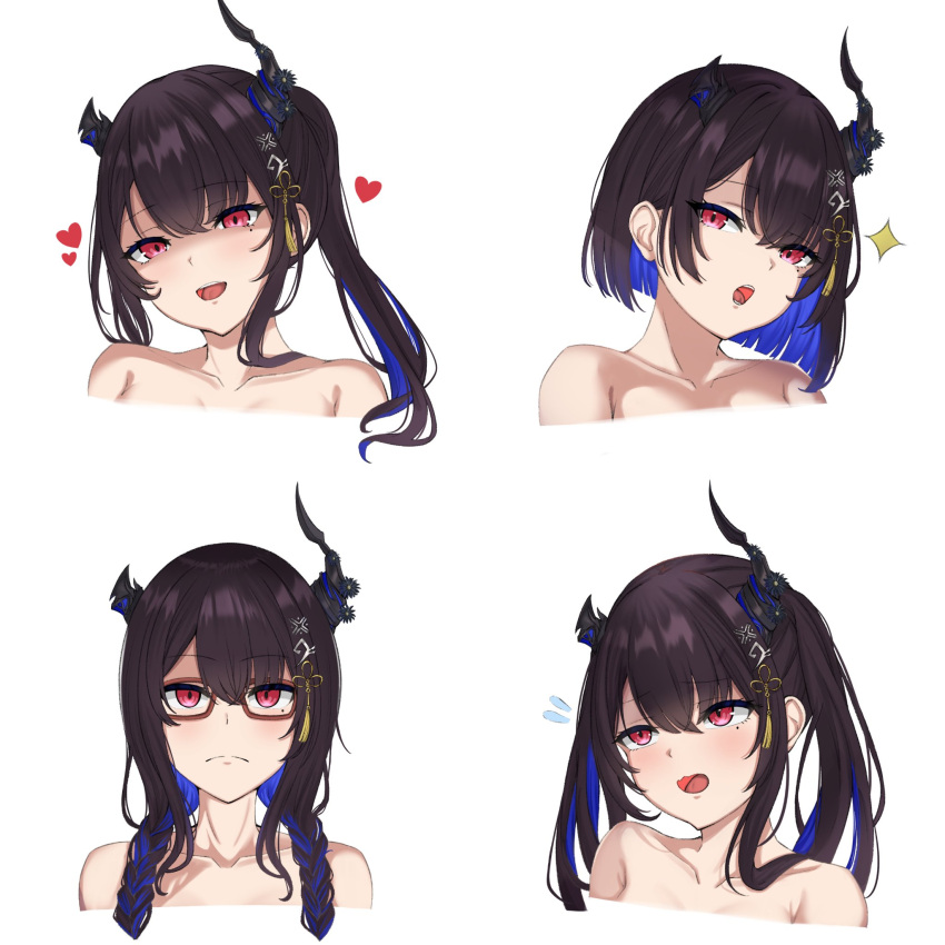 1girl :o alternate_hairstyle aquina_art asymmetrical_horns bare_shoulders bespectacled black_hair blue_hair bob_cut braid brown-framed_eyewear collarbone colored_inner_hair commentary cosplay cropped_shoulders crystal_horn demon_horns emergence_(shindol) english_commentary eyelashes frown glasses hair_down hair_ornament highres hololive hololive_english horn_flower horns long_hair looking_at_viewer mole mole_under_eye multicolored_hair nerissa_ravencroft red_eyes short_hair side_ponytail simple_background tassel tassel_hair_ornament twin_braids two-tone_hair uneven_horns variations virtual_youtuber white_background yoshida_saki yoshida_saki_(cosplay)