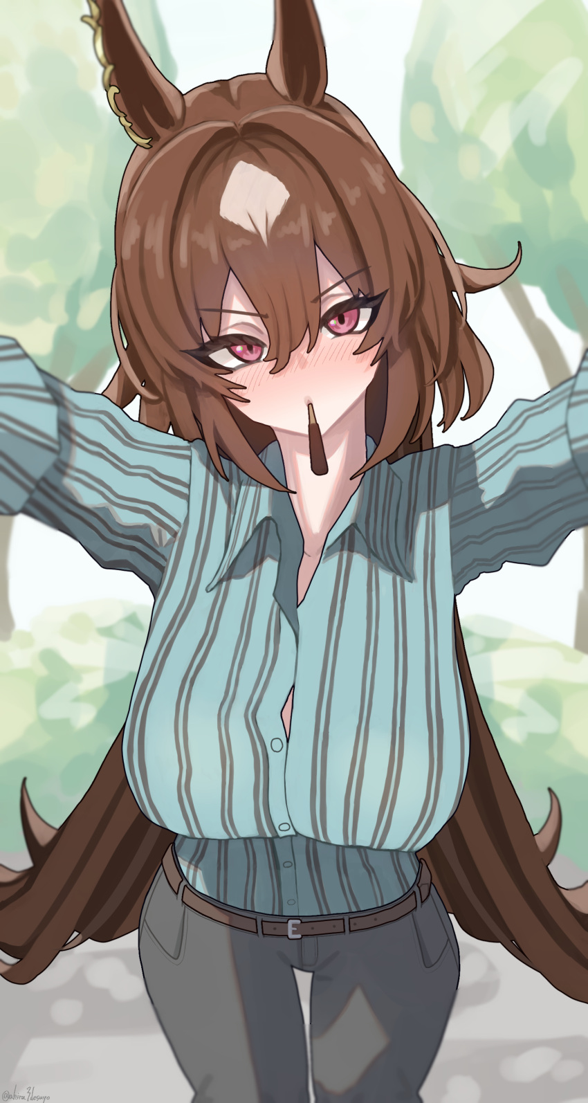 1girl absurdres ahiru3desuyo animal_ears aqua_shirt arms_up blush breasts brown_hair button_gap closed_mouth commentary_request cowboy_shot food food_in_mouth grey_pants hair_between_eyes highres horse_ears horse_girl horse_tail incoming_pocky_kiss large_breasts long_hair long_sleeves looking_at_viewer multicolored_hair official_alternate_costume pants pinstripe_pattern pinstripe_shirt pocky pocky_day pocky_in_mouth pocky_kiss red_eyes shirt sirius_symboli_(umamusume) solo streaked_hair striped tail umamusume very_long_hair white_hair