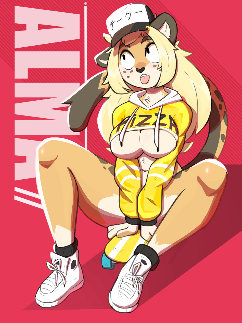 2021 3:4 absurd_res alma_(capaoculta) anthro baseball_cap biped blonde_hair bottomless breasts clothed clothing crop_hoodie digital_media_(artwork) domasarts english_text felid female footwear hair hat headgear headwear hi_res hoodie japanese_text long_hair mammal navel pink_tongue shaded shoes skateboard sneakers solo spread_legs spreading text text_on_clothing text_on_hat text_on_headwear tongue tongue_out topwear under_boob white_clothing white_footwear white_shoes yellow_clothing yellow_hoodie yellow_topwear