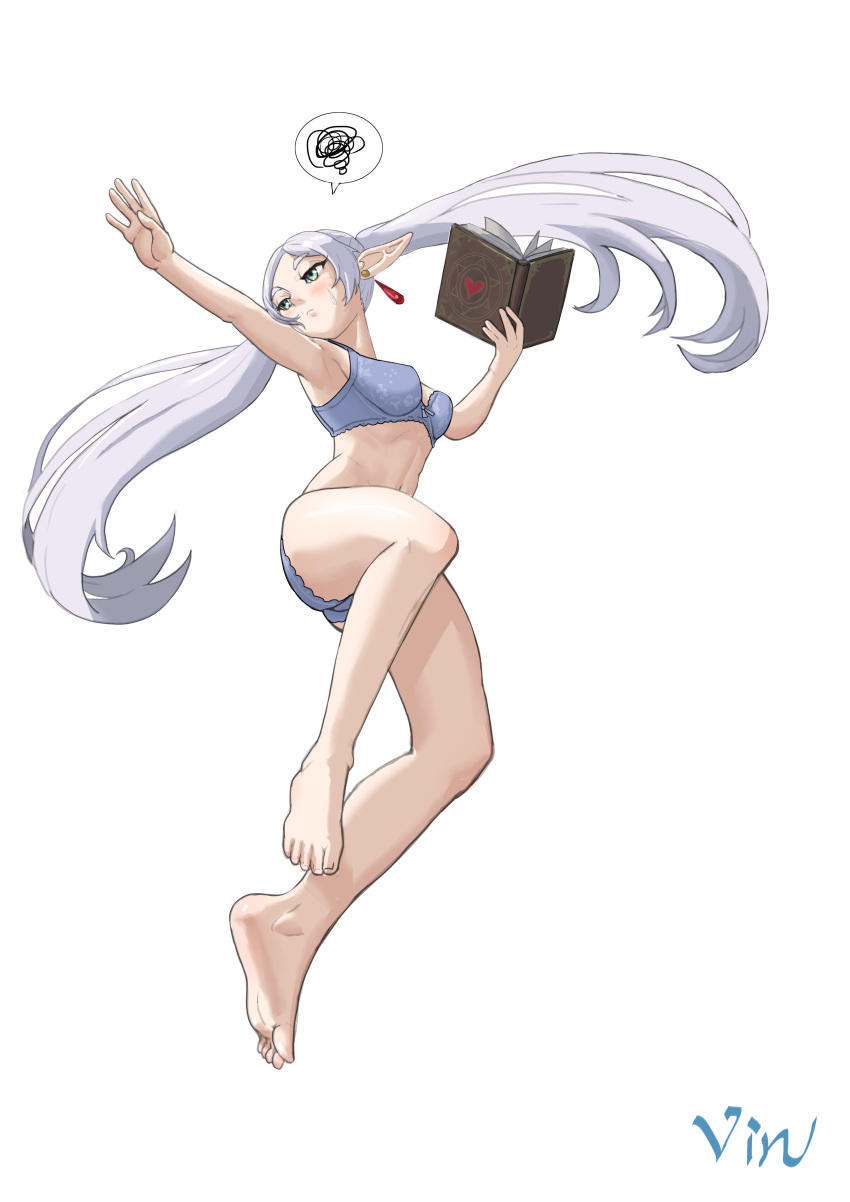 1girl absurdres blue_bra blue_panties blush book bra breasts dangle_earrings earrings elf frieren green_eyes heart highres holding holding_book jewelry long_hair panties parted_bangs pointy_ears simple_background small_breasts solo sousou_no_frieren twintails underwear vin_love white_background white_hair