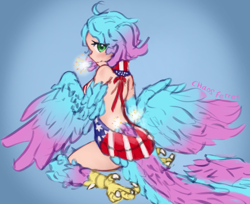 1girl ahoge american_flag_dress artist_name back bird_legs bird_tail blue_background blue_feathers blue_hair blue_tail blush breasts chaosferret commentary english_commentary feathered_wings feathers fireworks green_eyes highres holding_fireworks looking_at_viewer looking_back medium_breasts meme_attire multicolored_hair original pink_feathers pink_hair pink_wings purple_tail solo sparkler tail talons two-tone_hair two-tone_tail two-tone_wings virgin_killer_sweater winged_arms wings