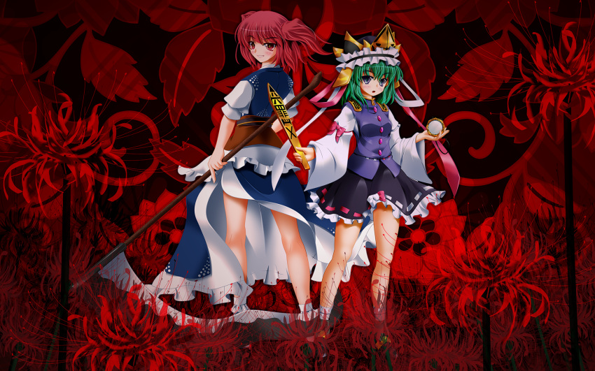 2girls bangs black_footwear black_headwear black_sash black_skirt blue_kimono blue_vest bow breasts brown_sash buttons commentary_request epaulettes flower frilled_hat frills full_body green_hair grin hair_between_eyes hat highres holding holding_mirror holding_scythe japanese_clothes kimono long_sleeves looking_at_viewer medium_hair mirror multiple_girls obi onozuka_komachi open_mouth red_bow red_eyes red_flower red_hair ribbon-trimmed_skirt ribbon-trimmed_vest ribbon_trim rod_of_remorse sash scythe shiki_eiki shirt side_b skirt sleeve_bow small_breasts smile socks spider_lily standing touhou two_side_up vest white_bow white_shirt wide_sleeves