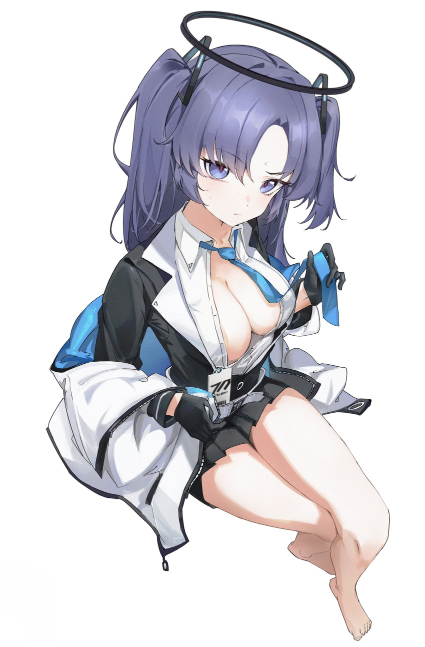 1girl artist_request barefoot black_gloves blue_archive breasts cleavage crossed_legs gloves halo highres id_card jourmey large_breasts medium_breasts necktie open_clothes open_shirt purple_eyes purple_hair sitting solo white_background yuuka_(blue_archive)