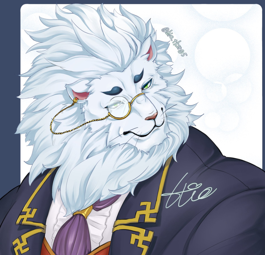 1boy animal_ears animal_nose ascot bara colored_eyelashes commentary_request formal frilled_shirt frills furry furry_male green_eyes highres hio_tksr05 lapels lion_boy lion_ears male_focus mature_male monocle monocle_chain muscular muscular_male notched_lapels rounded_corners serious shirt signature snout snow_(housamo) solo suit thick_eyebrows tokyo_afterschool_summoners twitter_username upper_body white_fur white_hair