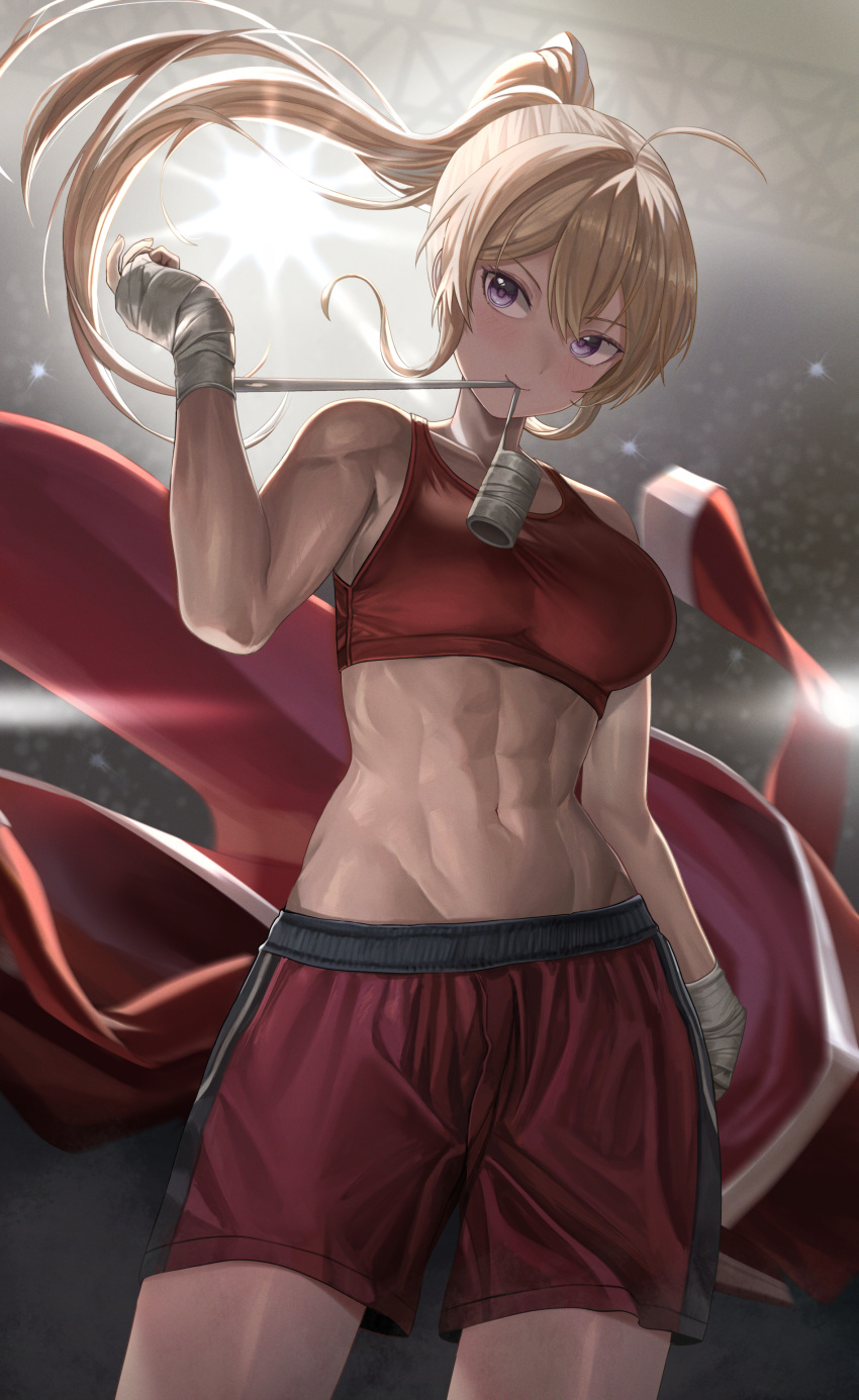 1girl abs absurdres bandages bangs bare_arms bare_shoulders blonde_hair blush boxing_shorts breasts closed_mouth highres large_breasts long_hair looking_at_viewer navel original ponytail purple_eyes red_shorts red_sports_bra revision shorts silvertsuki solo sports_bra spotlight
