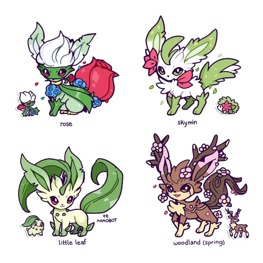 animal_focus antlers blue_flower blue_rose brown_fur chikorita commentary flower fusion green_eyes green_fur highres leaf leafeon mamobot no_humans pokemon pokemon_(creature) red_eyes red_flower red_rose rose roserade sawsbuck sawsbuck_(spring) shaymin shaymin_(land) simple_background sitting tail white_background white_fur