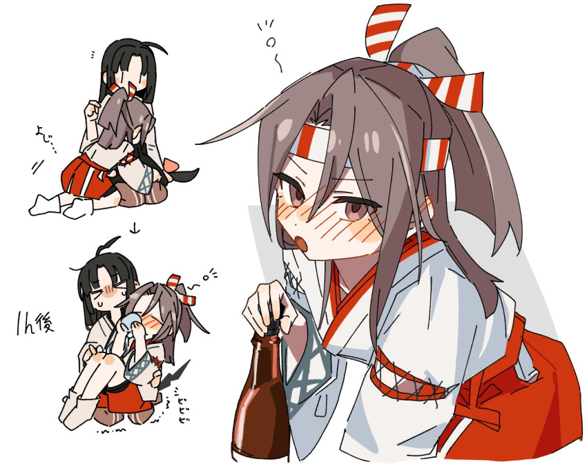 2girls black_hair blush bottle brown_eyes commentary drunk hachimaki headband high_ponytail hinata_hibari japanese_clothes kantai_collection kimono light_brown_hair long_hair long_sleeves multiple_girls open_mouth red_shorts sake_bottle shorts shouhou_(kancolle) simple_background socks symbol-only_commentary white_background white_kimono white_socks wide_sleeves zuihou_(kancolle)