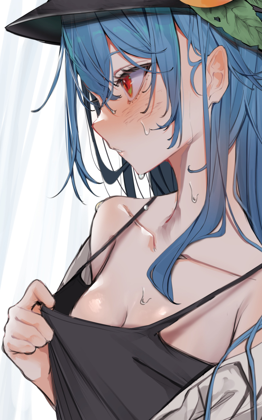 1girl black_camisole blue_hair blush breasts camisole cleavage collarbone highres hinanawi_tenshi looking_ahead medium_breasts profile red_eyes shirt solo spaghetti_strap sweat touhou tsune_(tune) upper_body white_shirt