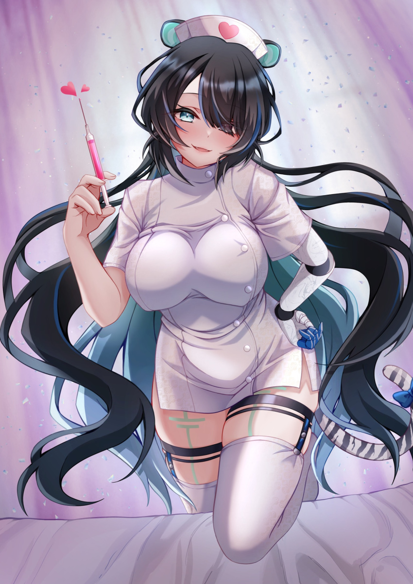 1girl animal_ears black_hair blue_eyes blue_hair body_markings breasts colored_inner_hair dress erina_makina hair_over_one_eye hand_on_own_hip hat heart highres holding holding_syringe irasuto_neko35 large_breasts long_hair mechanical_arms medical_scrubs multicolored_hair nurse nurse_cap parted_lips phase_connect short_dress single_mechanical_arm solo streaked_hair syringe tail thigh_strap thighhighs tiger_ears tiger_girl tiger_tail virtual_youtuber white_thighhighs