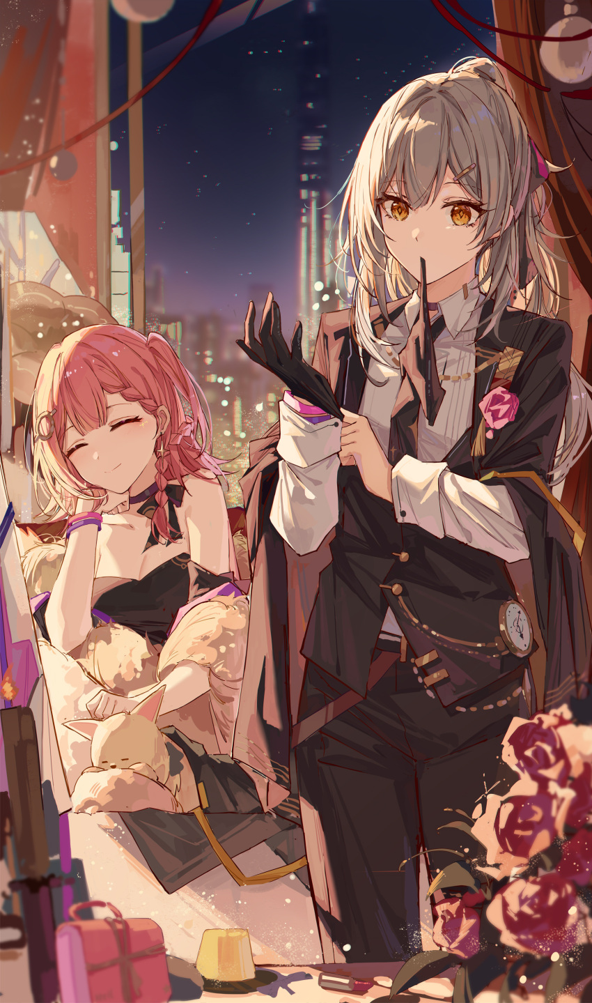 2girls absurdres adjusting_clothes adjusting_gloves alternate_costume alternate_hairstyle arm_support asta_(honkai:_star_rail) bare_shoulders black_dress black_gloves black_jacket black_pants braid breasts cleavage closed_eyes closed_mouth dress facing_viewer flower glove_in_mouth gloves grey_hair hair_ornament hairclip highres honkai:_star_rail honkai_(series) jacket looking_at_viewer medium_hair mouth_hold multiple_girls outdoors pants peppy_(honkai:_star_rail) pink_hair ponytail rose sleeveless sleeveless_dress smile standing stelle_(honkai:_star_rail) trailblazer_(honkai:_star_rail) yajuu yellow_eyes