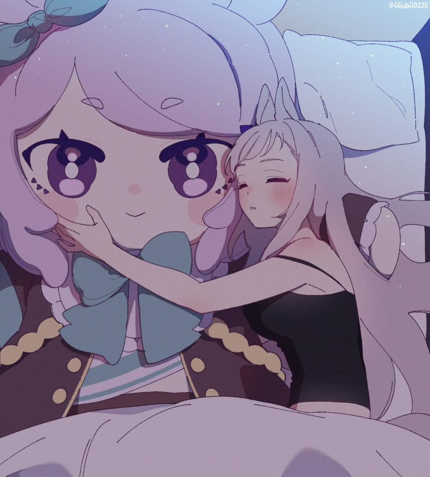 1girl animal_ears bed black_shirt blanket blush breasts camisole character_doll closed_eyes doqute_stuffed_doll ggubii0225 gold_ship_(umamusume) grey_hair highres horse_ears indoors long_hair medium_breasts parted_lips pillow shirt sleeping solo twitter_username umamusume under_covers upper_body watermark