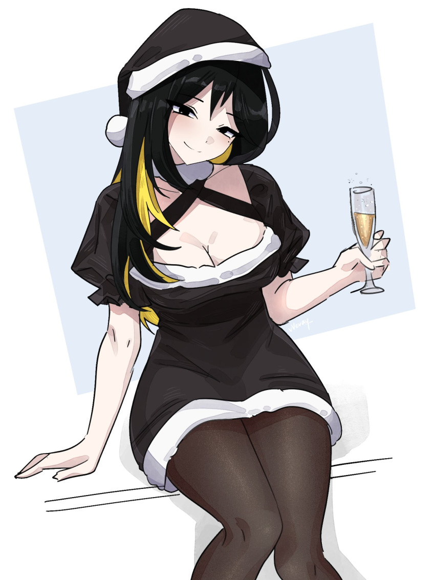 1girl binah_(project_moon) black_dress black_eyes black_hair black_pantyhose blonde_hair breasts champagne_flute closed_mouth colored_inner_hair cup dress drinking_glass fur-trimmed_dress fur_trim highres large_breasts library_of_ruina long_hair looking_at_viewer multicolored_hair pantyhose project_moon puffy_short_sleeves puffy_sleeves short_sleeves sitting smile solo vvernerluniq